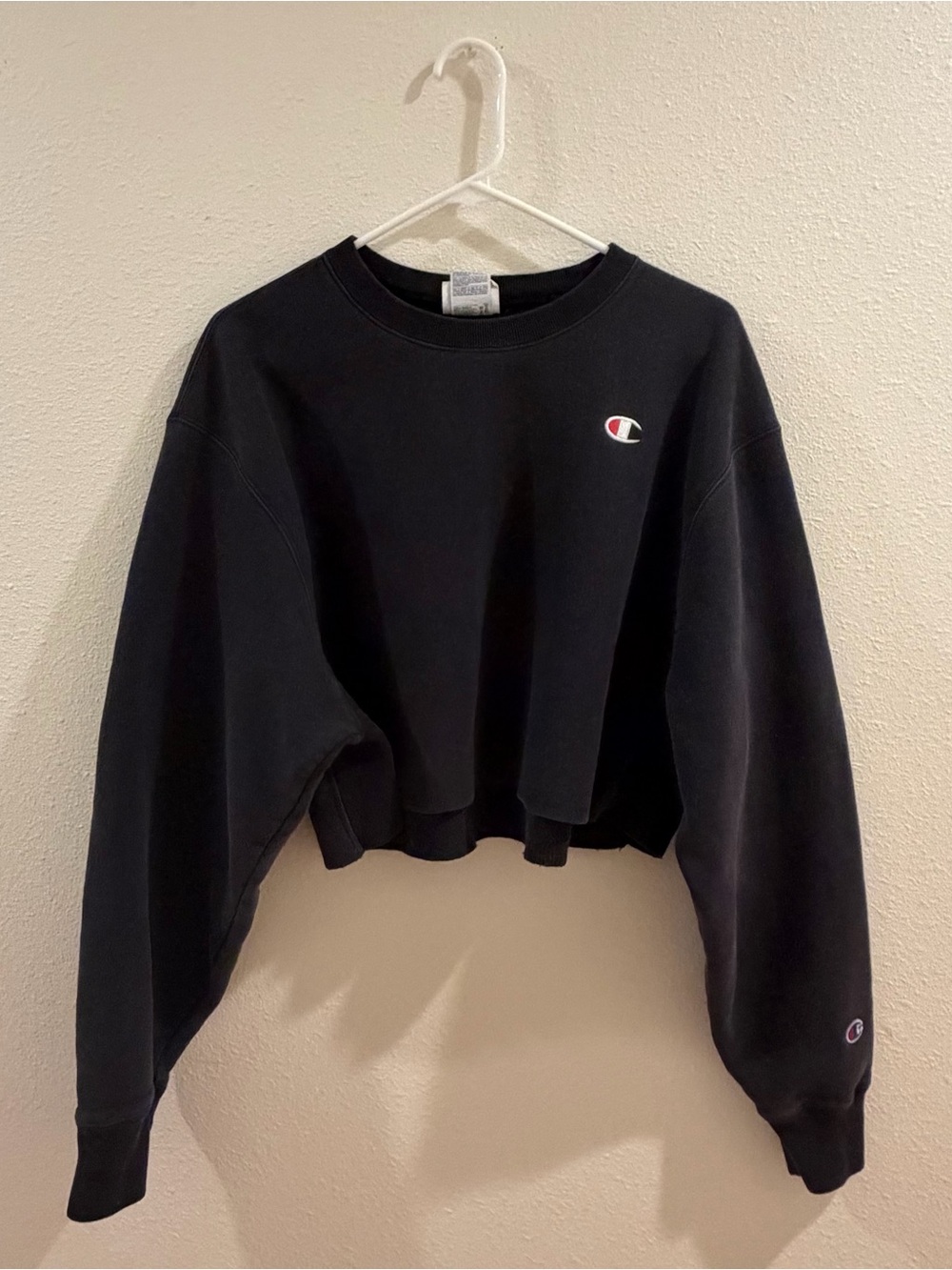 Champion Cropped Black Logo Crewneck Sweatshirt